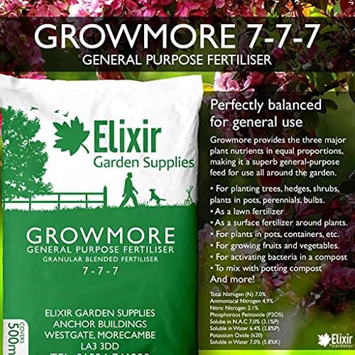 Elixir Gardens Growmore 7-7-7 Special Blend All Round General Purpose Fertiliser | 25kg | Treats 500sqm