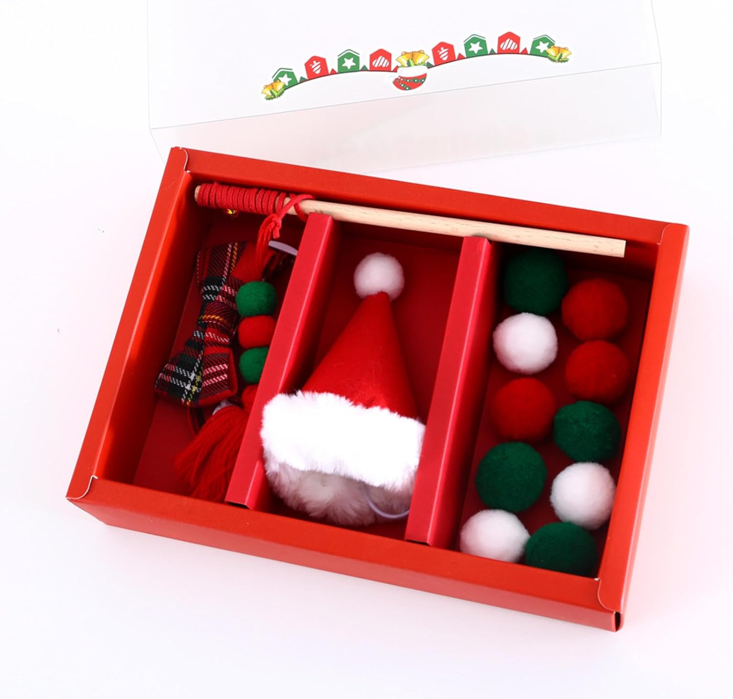 KAYNO Pet Cat Santa Claus Hat Bowtie Collar Feather Interactive Toy Set for Cat