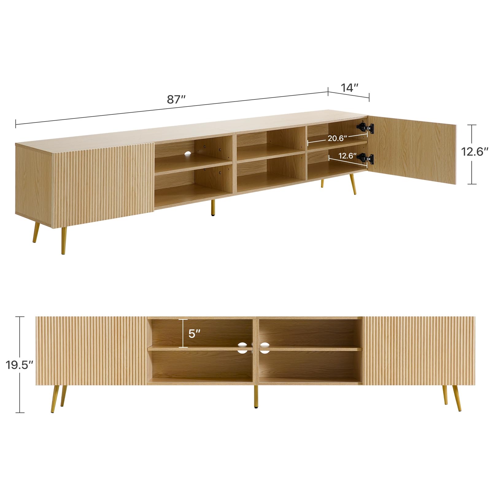 Modern 86in TV Stand for Living Room, Fluted Design Entertainment Center with Adjustable Shelves,Media TV Console Table with Storage for Bedroom,Nature