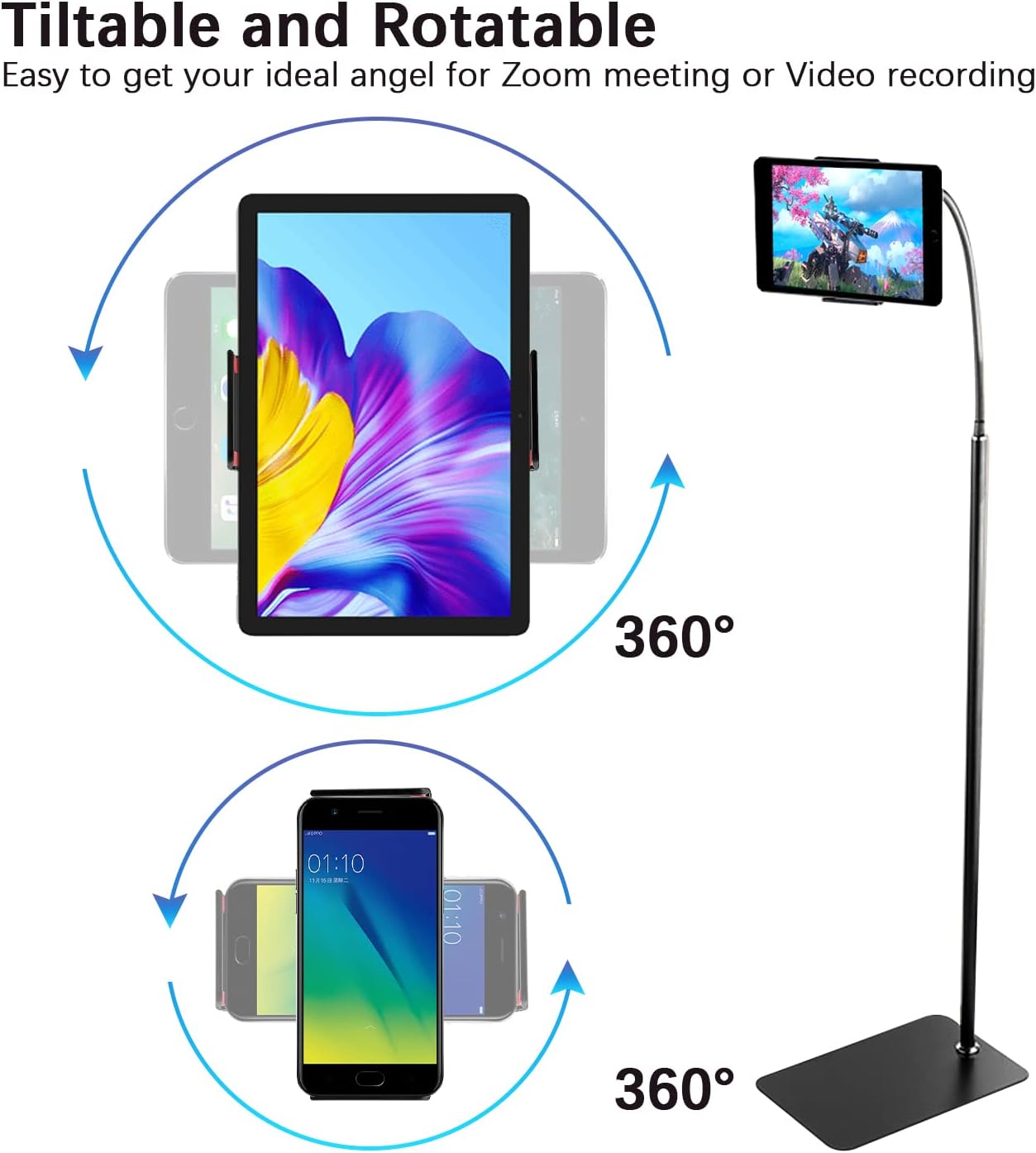 awagas Floor Stand Holder, Tablet Floor Stand, 360°Rotating Gooseneck Tablet Holder Stand