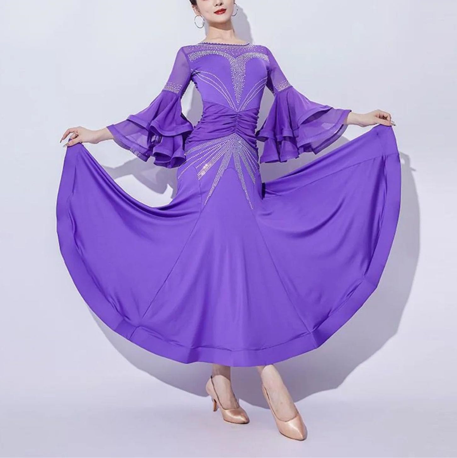 Women Luxury Ballroom Dance Long Dress Winter Trumpet Sleeve Rhinestone Elegant Outfit Dancing