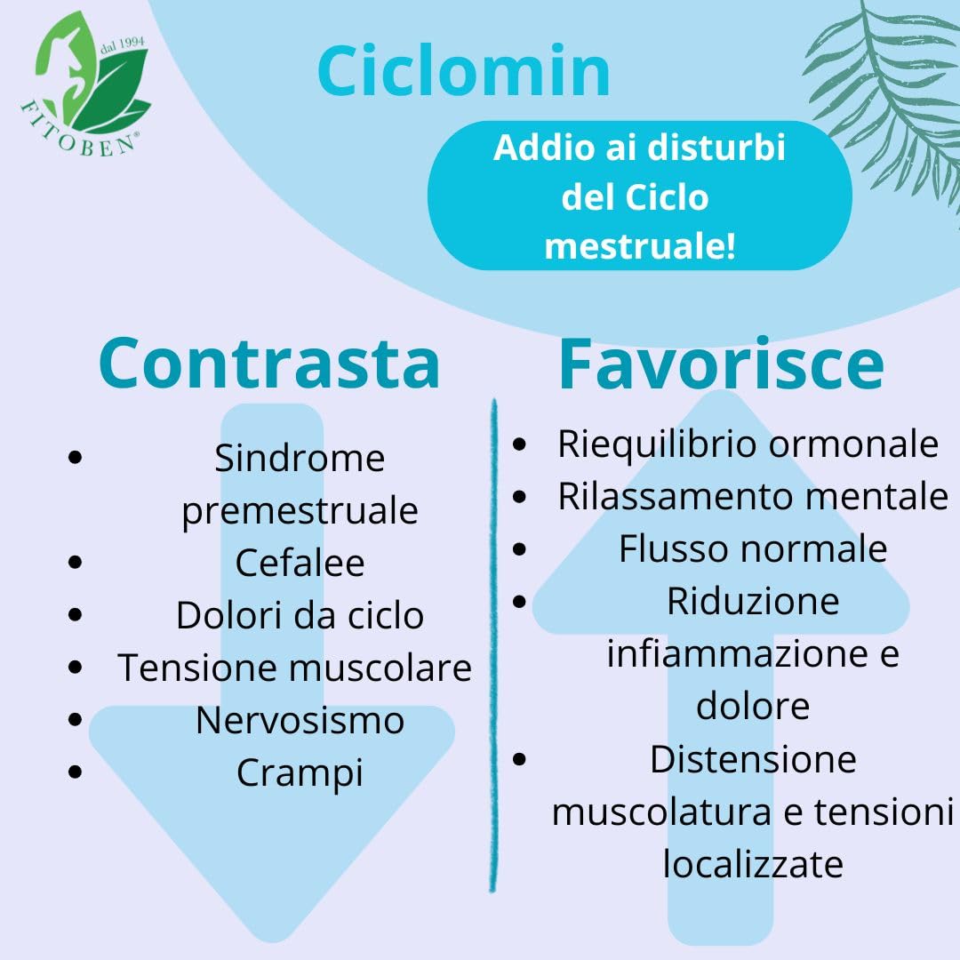 Fitoben | Ciclomin Integratore Naturale per Favorire il Benessere durante il Ciclo Mestruale con Agnocasto, Melissa, Boswellia e Camomilla, 50 Capsule Vegetali