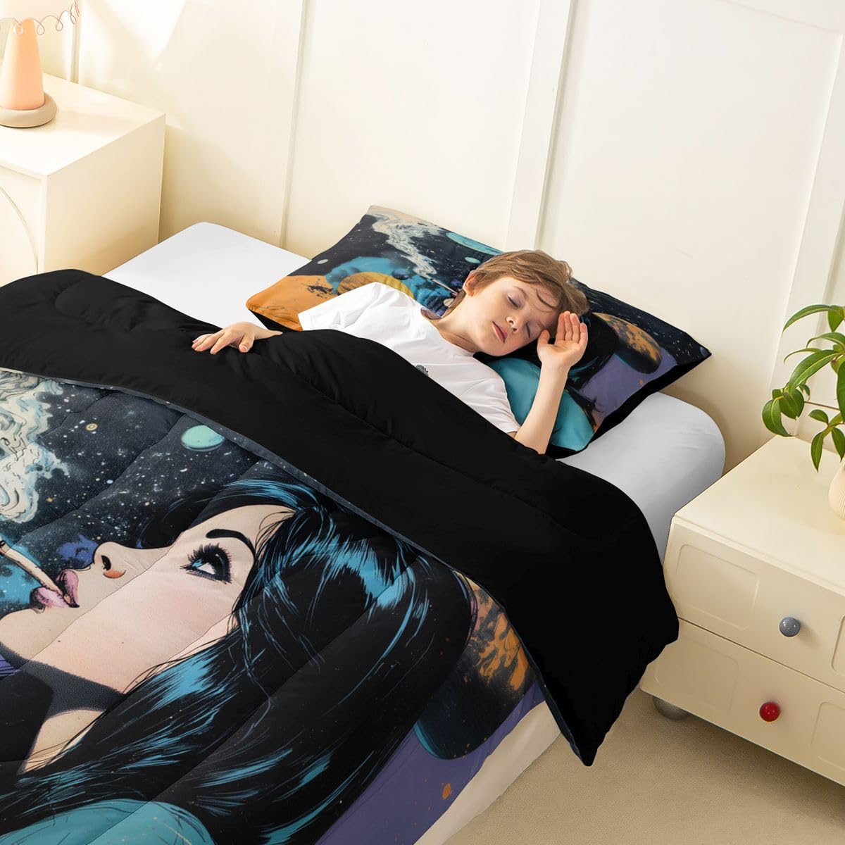 Homewish Kreskówka Kobieta King Size Zestaw Kołdry - Sci-Fi Kosmos Planeta Zestaw Pościeli Fantasy Komiks Kołdra Zestaw - Złoty Niebieski Retro Moda Galaktyka Bez Poszwa Kołdra