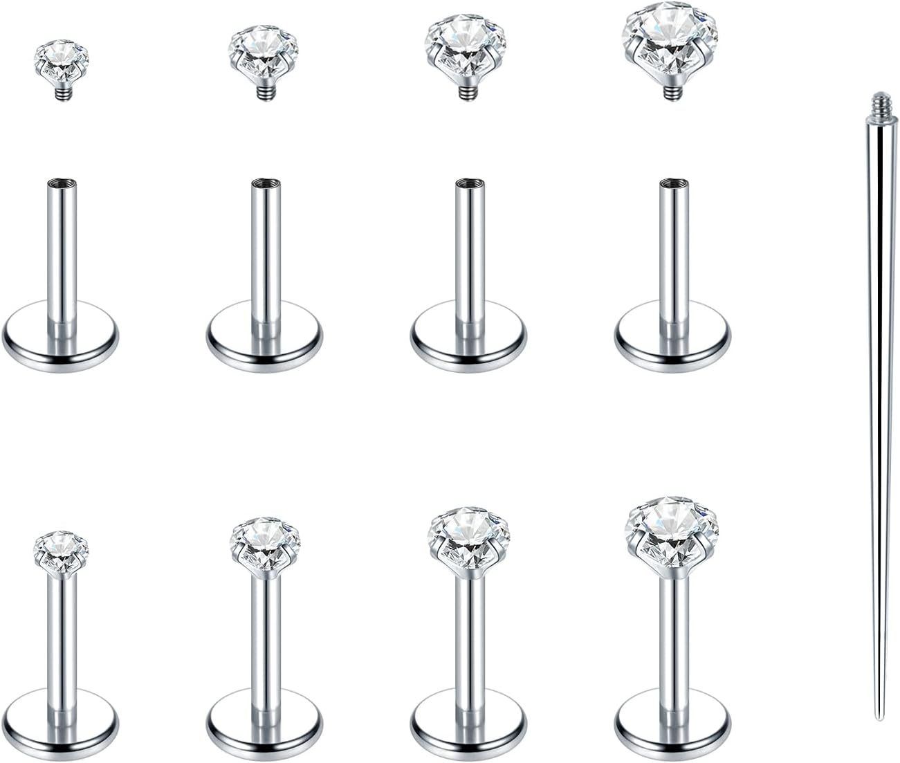 Xpircn Flat Back Stud Earrings 14K Gold Plated Internally Threaded CZ Stud Piercing Jewelry for Tragus Helix Cartilage Conch Nose Hypoallergenic Lip Labret Medusa Piercing 16G 18G