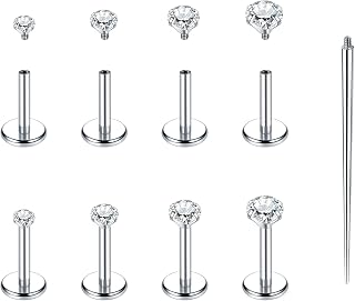 Flat Back Stud Earrings 14K Gold Plated Internally Threaded CZ Stud Piercing Jewelry for Tragus Helix Cartilage Conch Nose Hypoallergenic Lip Labret Medusa Piercing 16G 18G