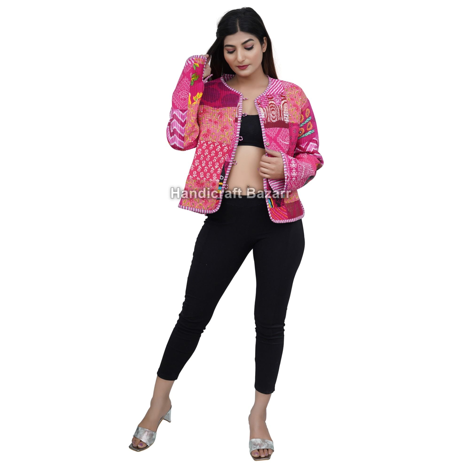 Handicraft Bazarr Kantha Quilted Blazer Reversible Crop Jacket for Women Floral Pattern Topcoats Patchwork Housecoat