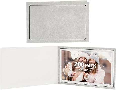 Golden State Art, Pack of 200, 4x6 or 6x4 Photo Folders, Cardboard Picture Frame, Paper Frame Cards, Greetings/Invitation Special Events Graduation, Christmas, Wedding Grey
