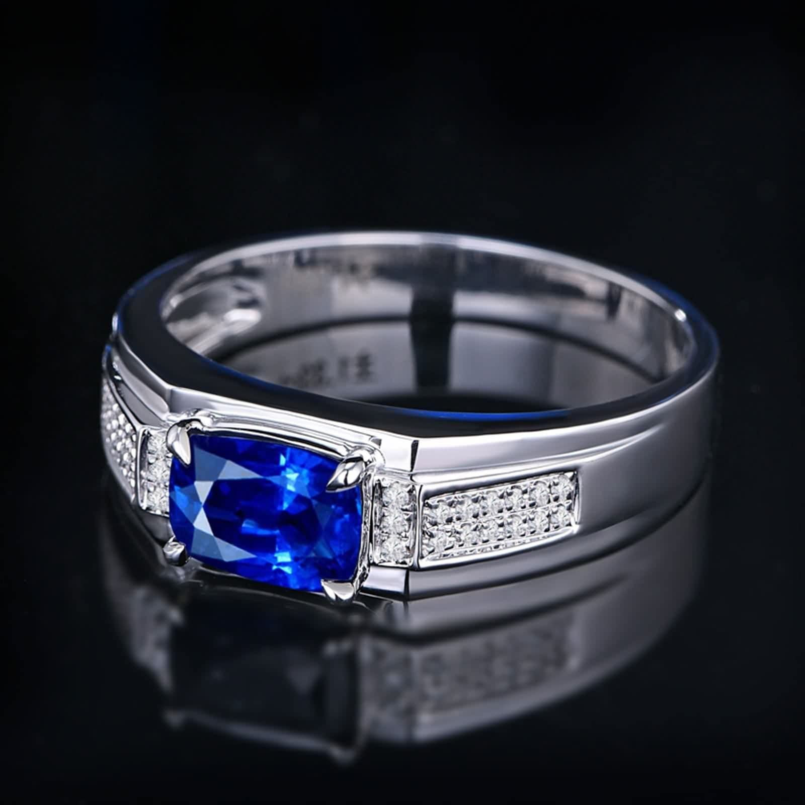Anillos Mujer Plata Zafiro, Anillo Matrimonio Azul Oro Blanco 18K Azul Forma Rectangular Diamante Blanco para Esposo con Joyero