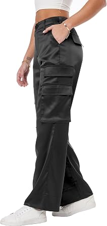 Womens Wide Leg Cargo Pants Satin Silky Casual High Waist Y2K Baggy Cargo Pants Combat Military Trouser