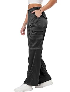 Womens Wide Leg Cargo Pants Satin Silky Casual High Waist Y2K Baggy Cargo Pants Combat Military Trouser