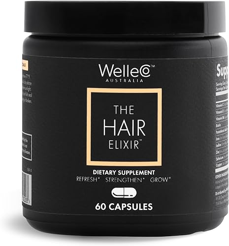 WelleCo The Hair Elixir Suplemento vegano para el cuidado del cabello con biotina, hierro, zinc y rodiola, promueve el crecimiento y el grosor del