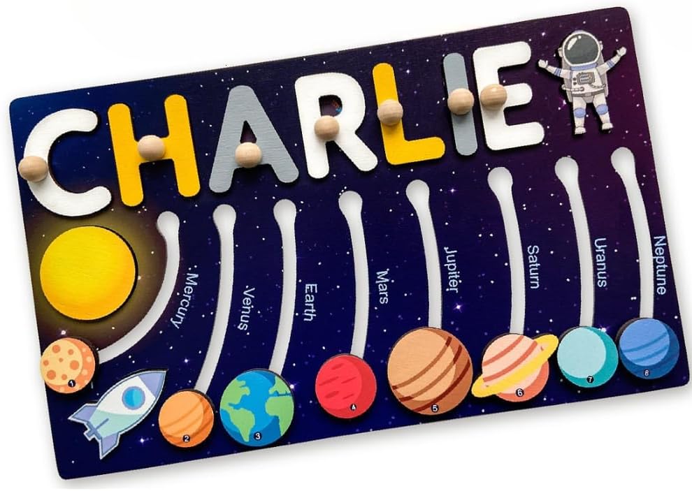 Personalized Name Puzzle with Planets of the Solar System – Educational Space Nursery Toy, Sun and Earth Designs, Perfect Baby Shower or Christmas Gift for Kids