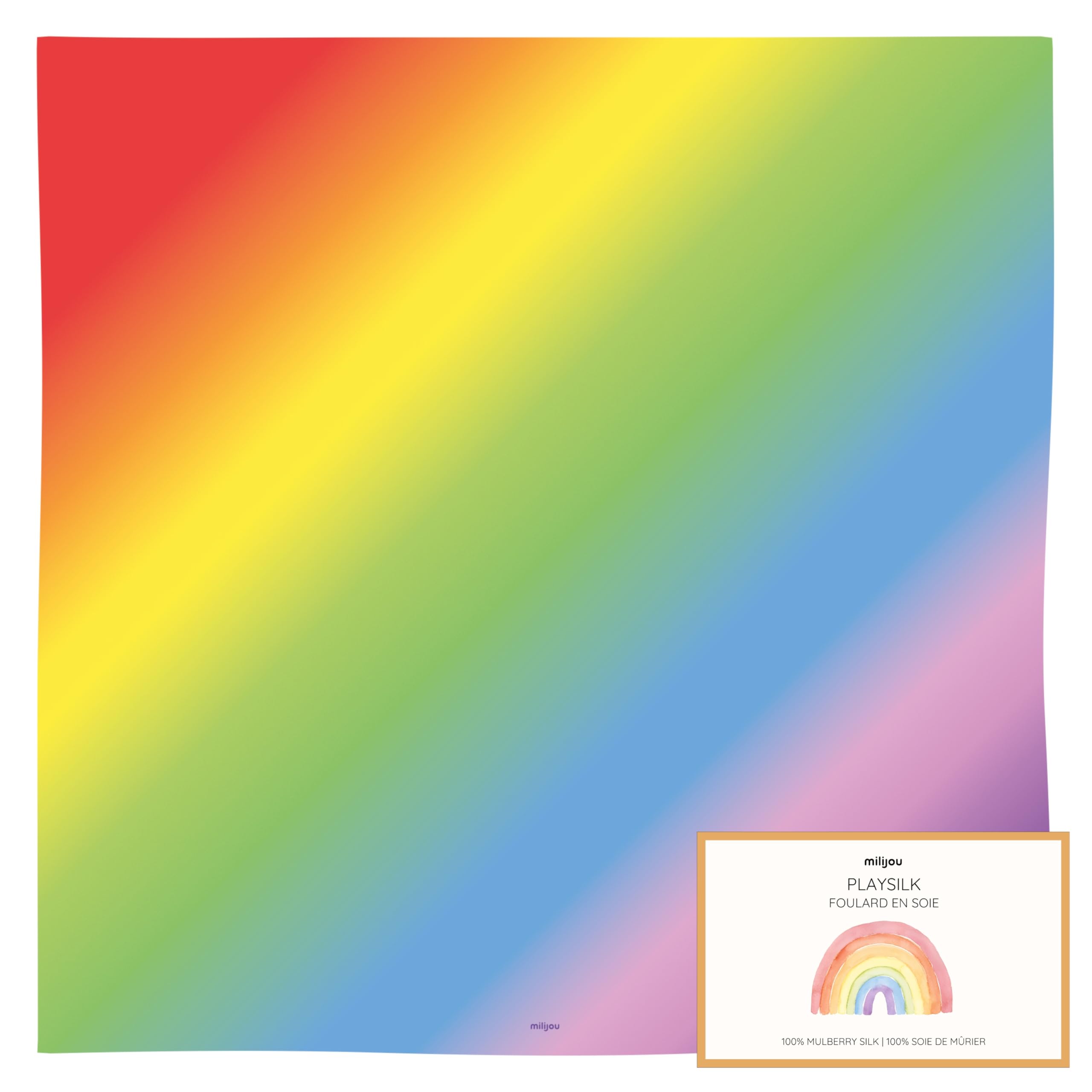 Playsilk Carré de Soie 100% Mûrier - Arc-en-Ciel - Foulard en Soie, Jeux Imaginatifs et Créatifs, Écharpes Jonglage, Foulards de Danse, Spectacle Enfants, Montessori, 90x90cm