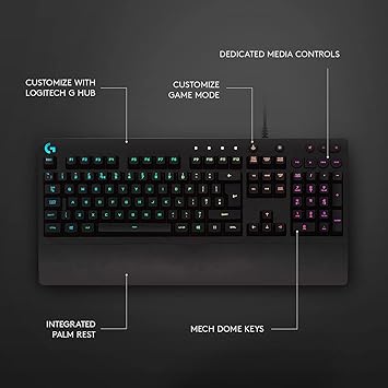Logitech G213 Prodigy Gaming Keyboard - Wired RGB Backlit Keyboard with Mech-Dome Keys, Palm Rest, Adjustable Feet, Media Controls, USB, Compatible with Windows Black