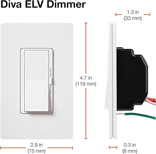 Miniatura 6 de Lutron DVSCELV-300P-BI Diva - Regulador electrónico de bajo voltaje de 300 vatios de un solo polo, galleta