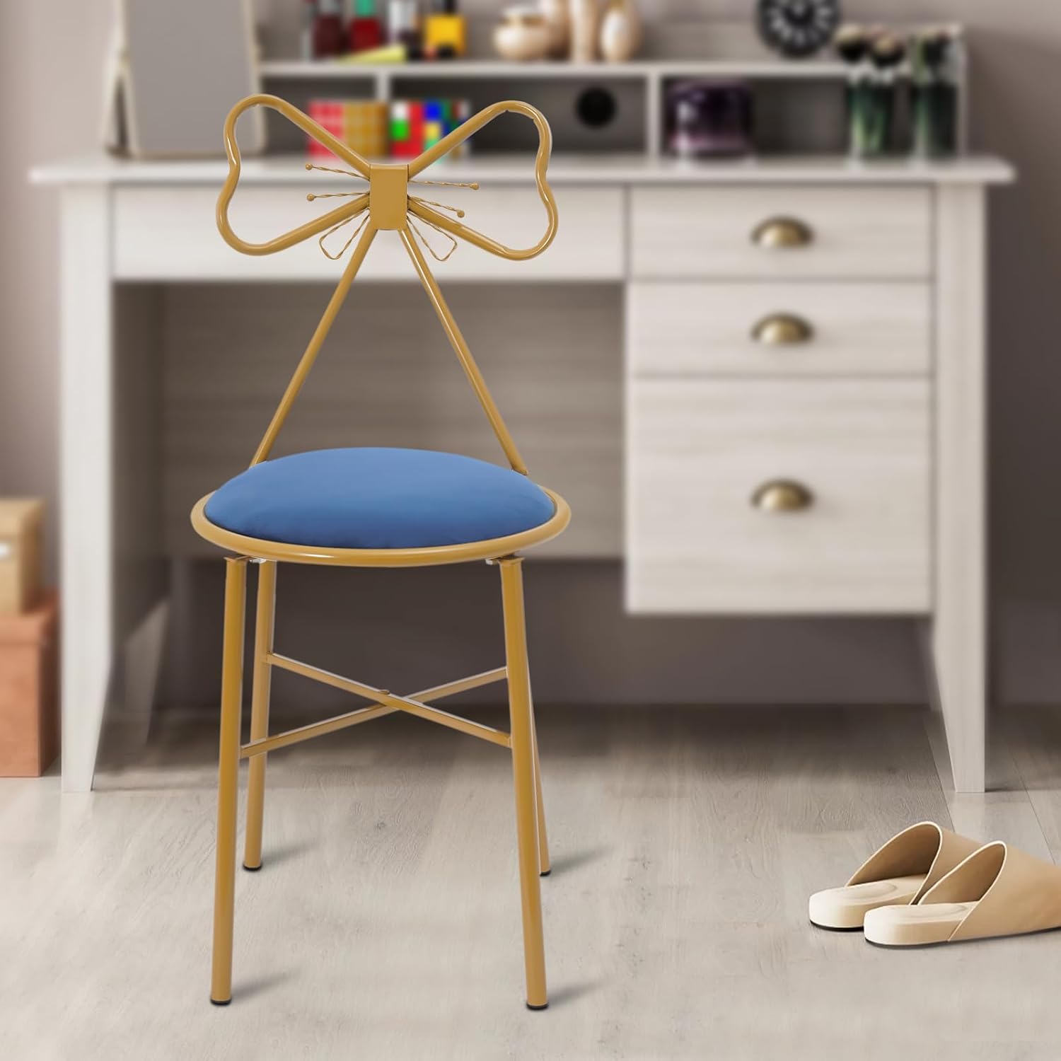 Vanity Chair, Butterfly-Shaped Dressing Chair Makeup Chair Velvet Cushion Gold Metal Frame Vanity Chair with Bow Backrest for Bedroom Living Room Home (Blue)