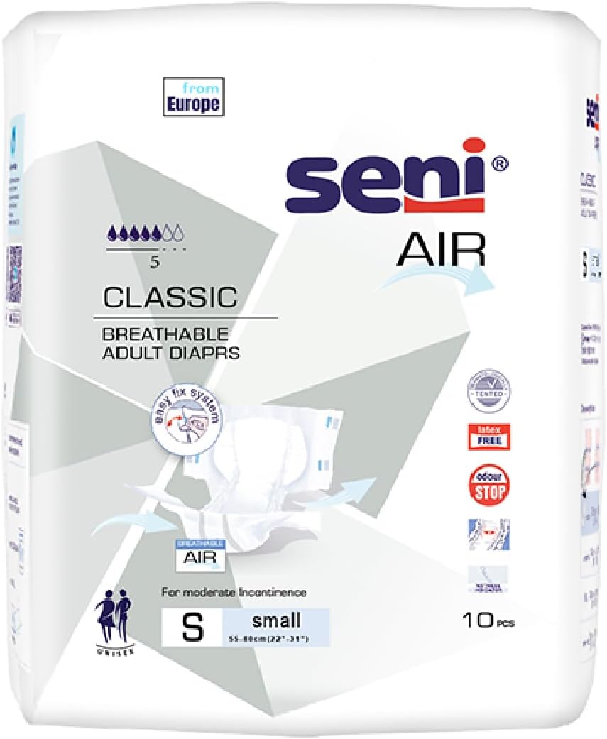 Seni Air Classic Breathable Tape Style Adult Diaper | Wetness Indicator | Leak Proof |Size Small | Pack of 1 | 10 Pcs