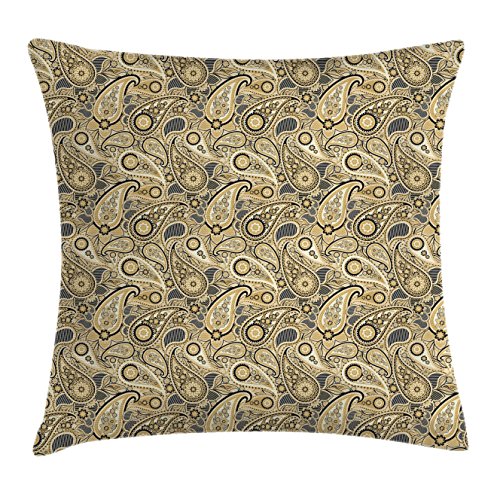Ambesonne Paisley Throw Pillow Cushion Cover, Traditional Pattern With Flowers Leaves With Stripes Art Print, Decorative Square Accent Pillow Case, 16" X 16", Grey Tan #TOP4