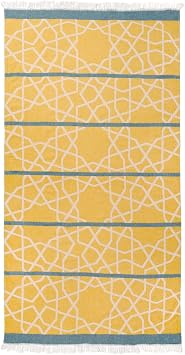 Marrakech Turkish Beach Towel, Oversized 35x63 Sand Repellent Quick Dry 100% Turkish Cotton Towel for Spa Yoga Travel Picnic Sarong, 400gsm Saffron/Blue