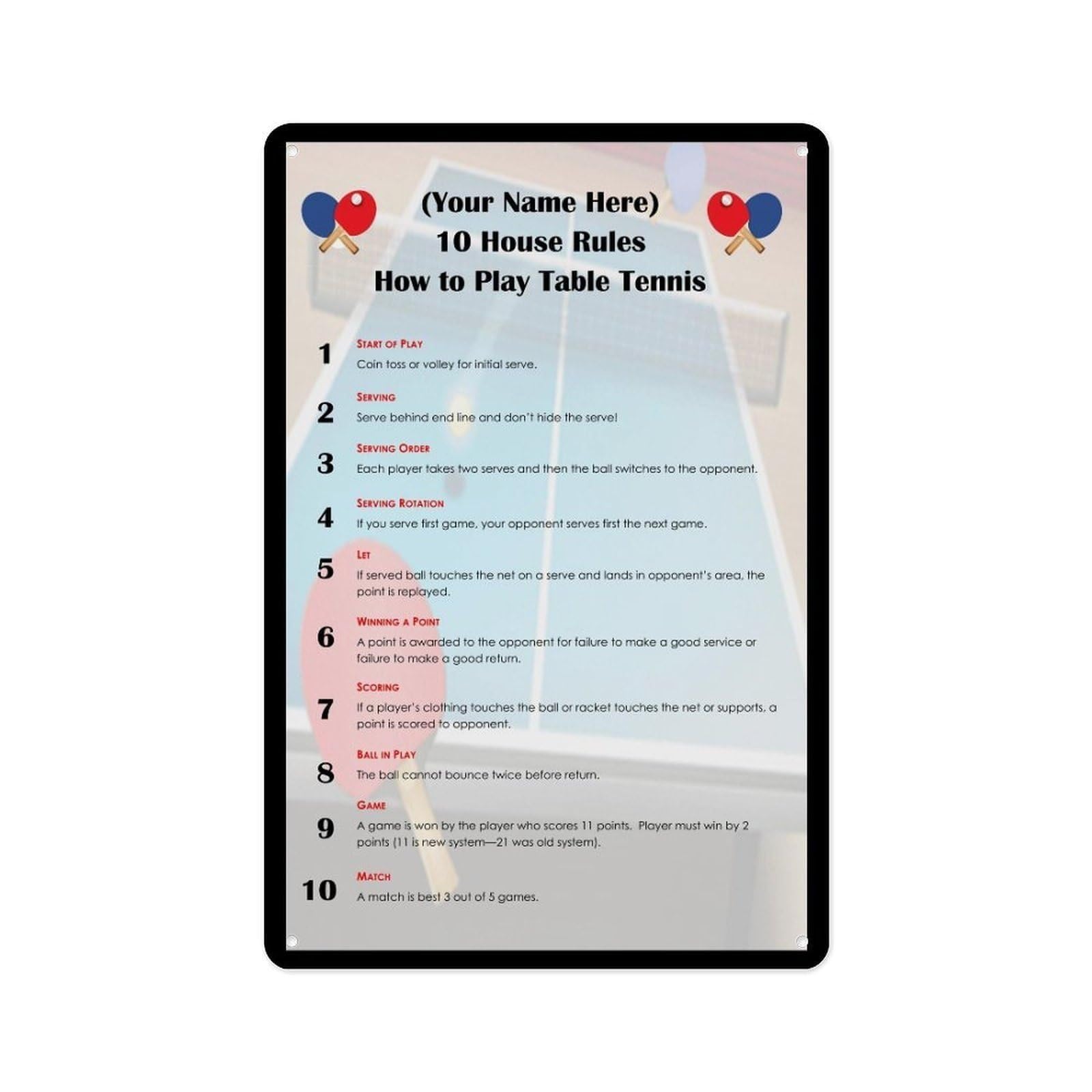 PKNVKZIDK Distressed Ping Pong Rules Metal Poster Table Tennis Game Guideline Sign for Shed Workshop Apartment Kitchen Wall-Art 8 X 12 inch