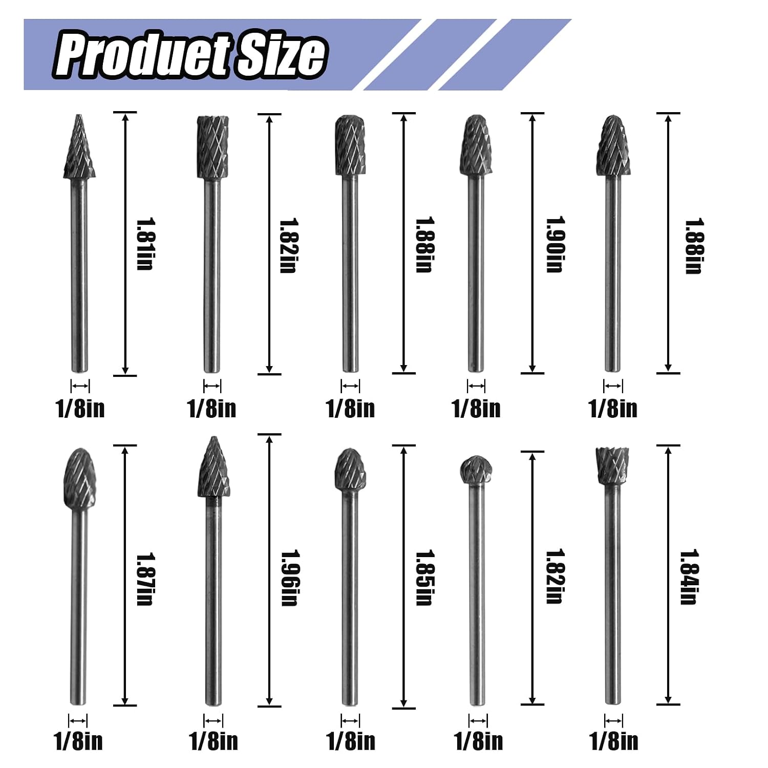 10 Pcs Carbide Burr Set 1/8" Shank Engraving Bits with Rotary Tool Metal Grinding Bit for Metal and Wood Carving Grinding Polishing Engraving Drilling