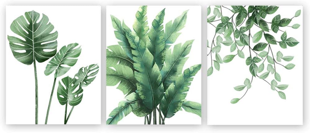 CHDITB Tropical Green Leaves Art Print, Botanical Wall Art Painting, Signs Of Nature Set of 3(8’’x10’’) Canvas Herb Plant Picture For Living Room Family Decor
