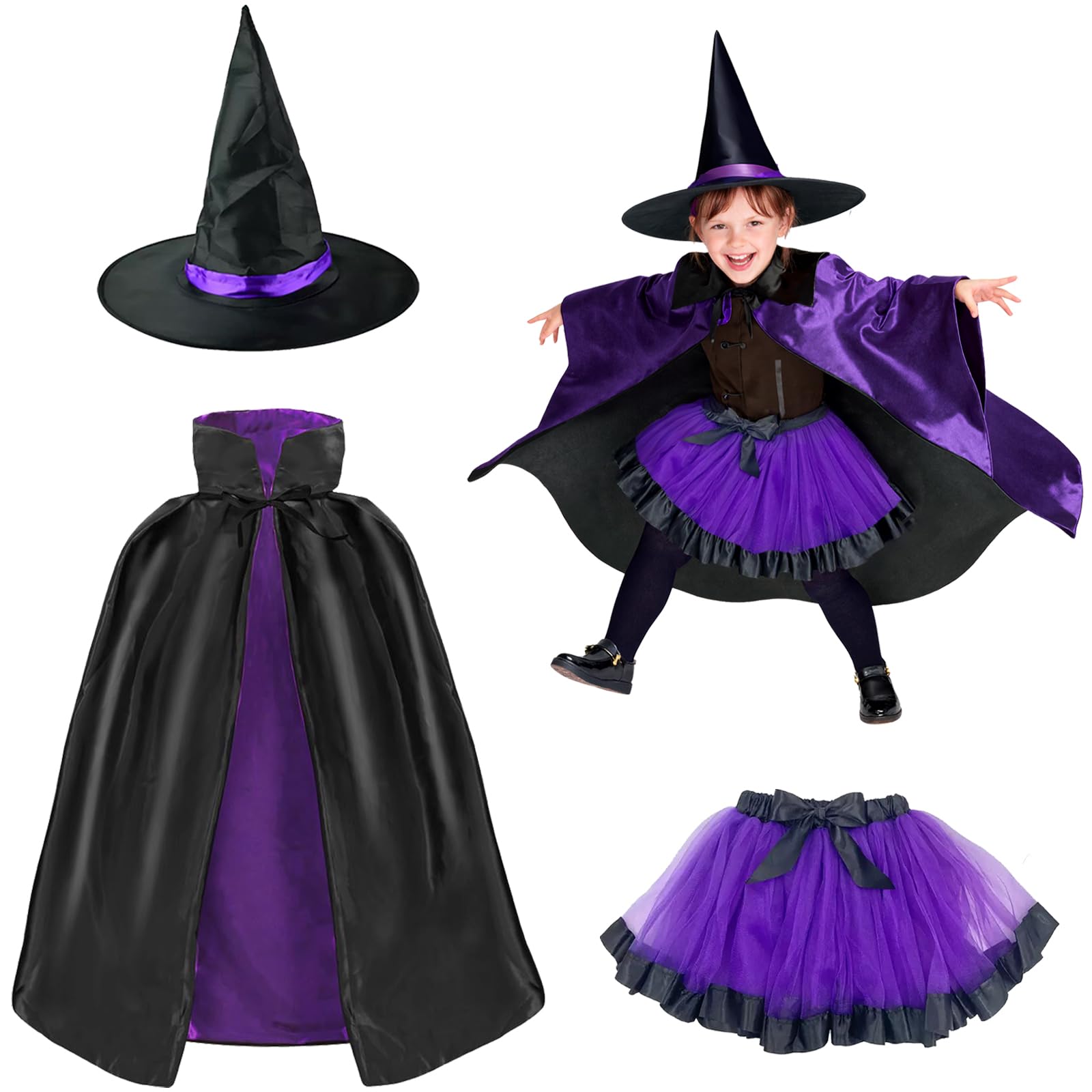 Gibocot Kids Purple Witch Costume Girls 3-8Y, 3 Piece Halloween Fancy Dress Up Outfit with Tutu Skirt, Reversible Collar Cape & Pointed Hat for Trick or Treat, Book Day, Cosplay Party