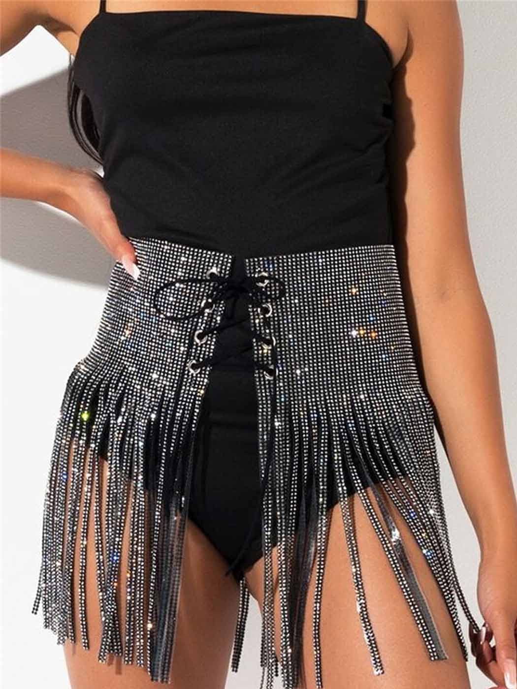 Salliy Boho Rhinestone Bikini Chain Set Silver Sexy Sequins Mesh Body Chains Summer Bra Body Jewelry for Women and Girls (F)