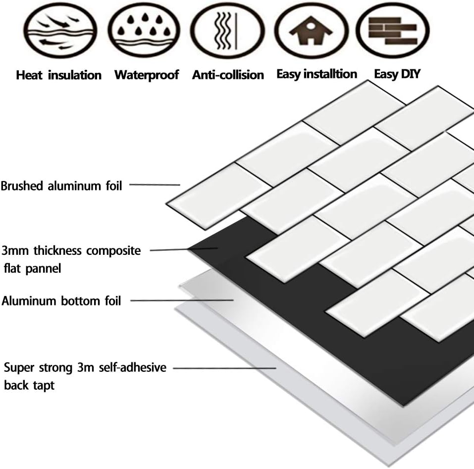 KEENISIC 10-Sheet Peel and Stick Backsplash Tile,Self Adhesive Wallpaper Subway Magic Tiles for Kitchen Bathroom(12"x 12",White) - - 