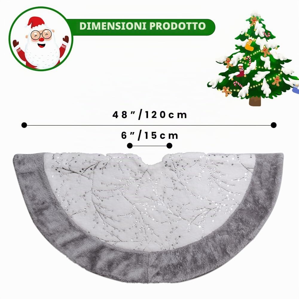 Lanpn Tappeto Sotto Albero di Natale Copribase Albero 120cm, Grande Lusso Ramo d'argento Copertura Base Piede Gonna Gonne Albero di Natale per la Decorazioni Albero di Natale (Argento,120 cm)