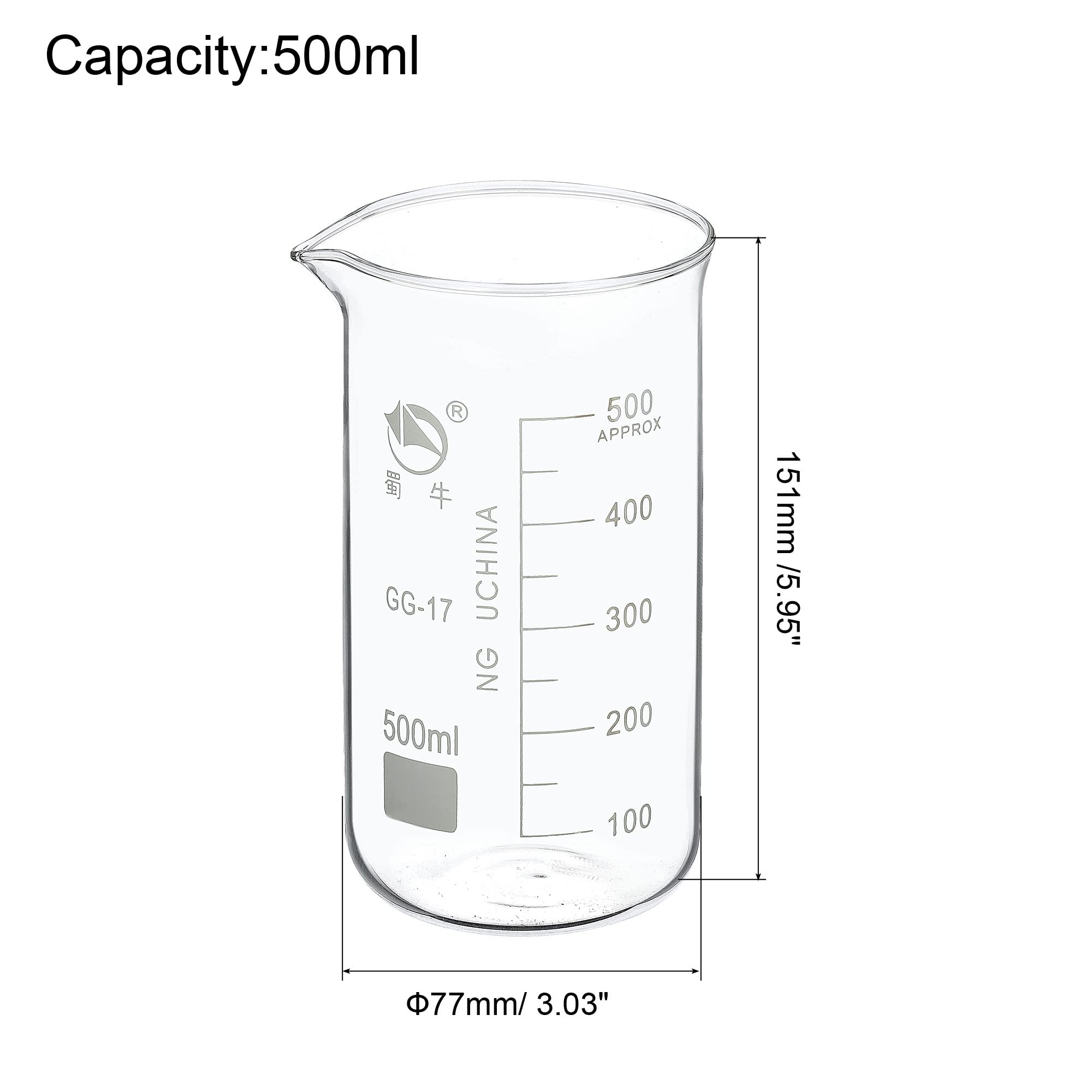 PATIKIL 500ml Alto Forma Vidrio Cubilete, 2 Paquete 3.3 Borosilicato Vidrio Graduado Impreso Escala Medición Tazas con Caño para Cocina Laboratorio Líquidos
