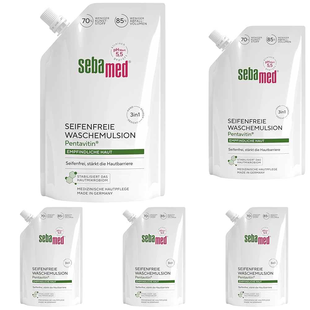 Sebamed seifenfreie Waschemulsion Nachfüllbeutel 400 ml, seifenfreie Reinigung für empfindliche Haut, stärkt die Hautbarriere, zur Hand-, Gesichts- und Körperreinigung geeignet (Packung mit 5)
