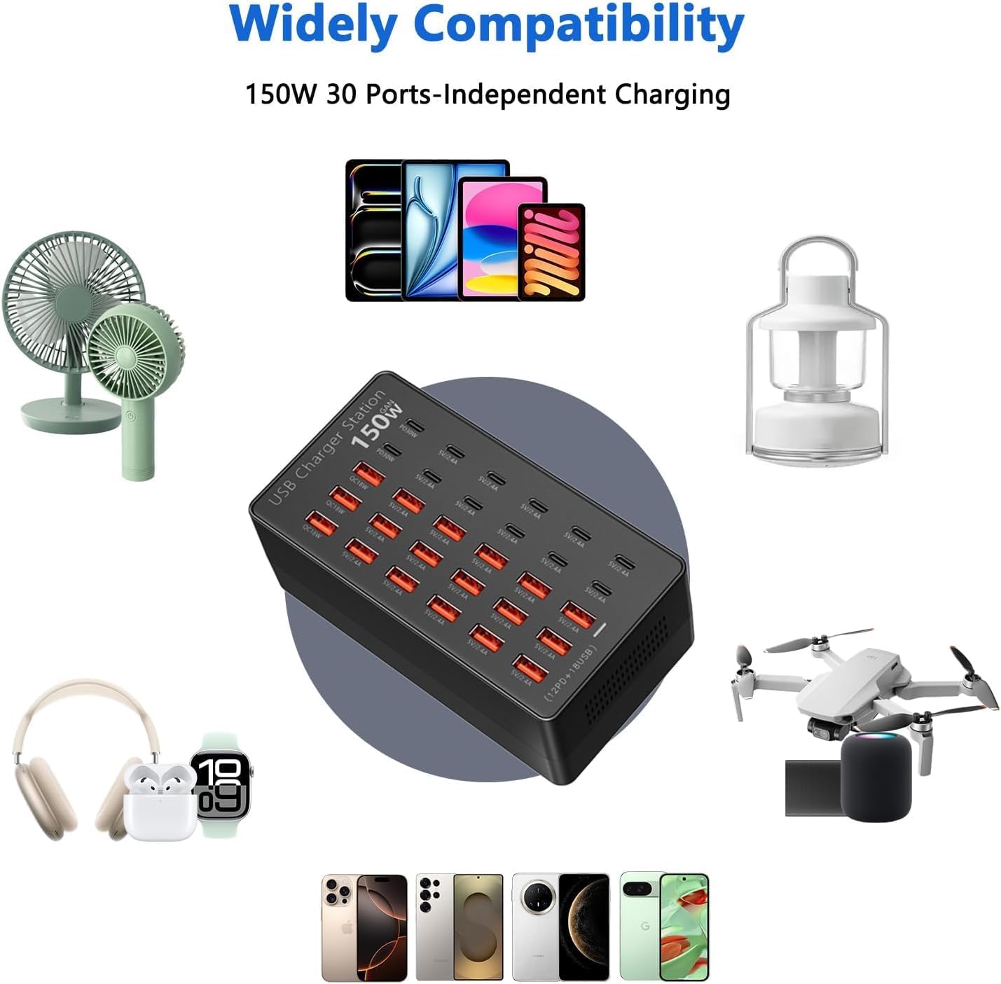 USB Charging Station 30 Port, 150W Multiple USBC Charging Block(18 USB A+12 Type C Port) Desktop Charger Hub for Multiple Devices Compatible with iPhone/iPad/Smartphones/Tables/and More Devices
