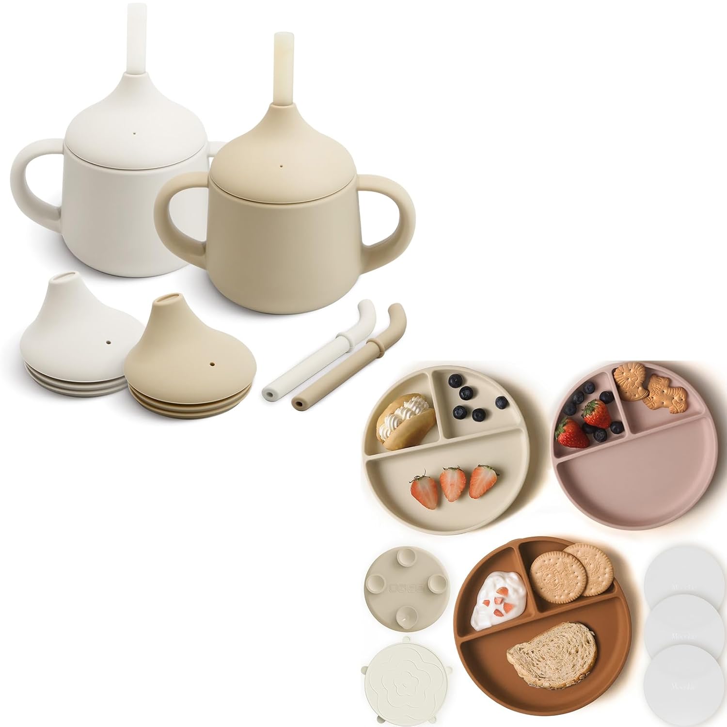 Moonkie Silicone Baby Sippy Cups 2-Pack & Suction Plates for Baby 3-Pack | 3-in-1 Training Cup with Straw, Spout, & Open Cup | 100% Silicone, BPA-Free, Dishwasher Safe, Perfect for Infants & Toddlers