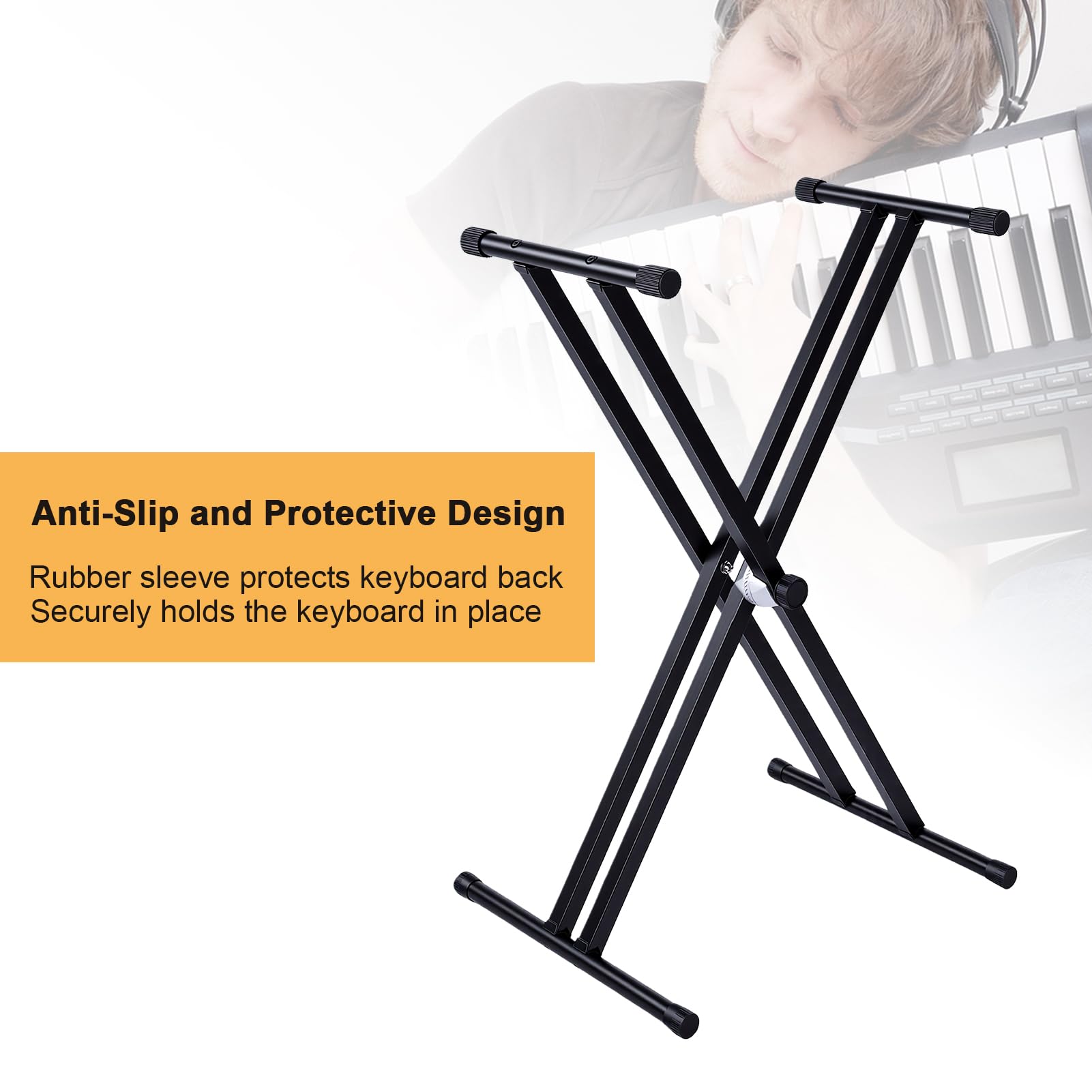 Btuty Soporte para Teclado Electrónico con Banco, Tubo Doble de Metal, Marco en X, Altura Ajustable de 24 a 99 Cm, Bloqueo Engranaje Antideslizante para Pianos Digitales 61