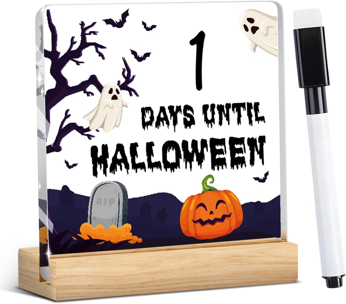Halloween Fall Desk Accessories Sign Spooky Cute Halloween Home Desk Decor Wipeable Acrylic Sign Gifts for Women Men Family Friend Dad Mom Holder Gifts With Wood Stand 4 X 4 Inch