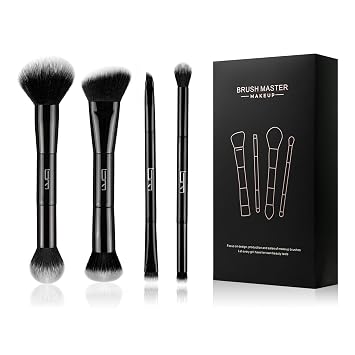 4Pcs Duo End Makeup Brushes, Foundation, Powder, Contour, Concealer, eye makeup Brush, Double-ended Multi-functional Synthetic Cosmetic Tools Makeup BrushesBlack