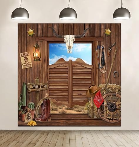 Western Backdrop 10x10ft Cowboy Party Decoration Banner Wild West Rodeo Decor Country Saloon Bar Rustic Wooden Barn Door Photo Background for Kids Boy Birthday Baby Shower