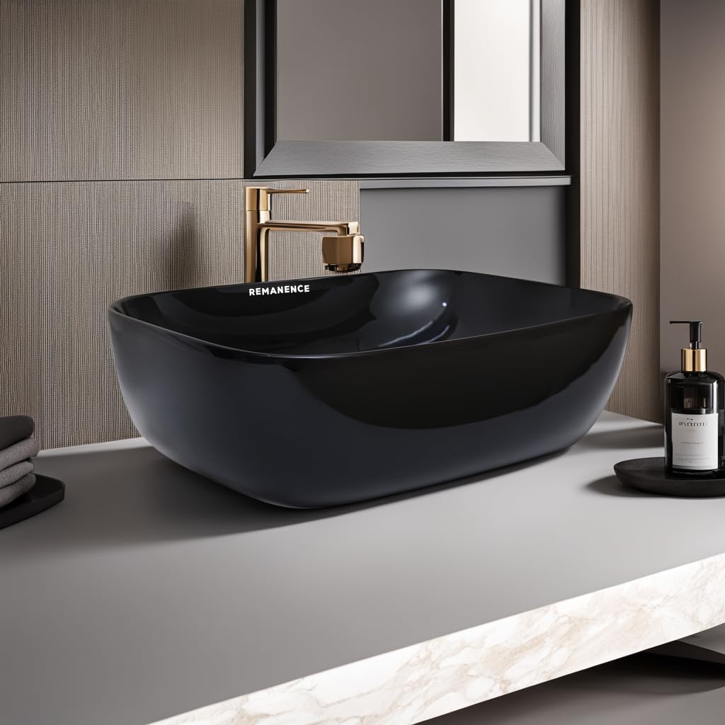 REMANENCE Premium Designer Glossy Finish Table Top Ceramic Wash Basin/Vessel Sink with Slim Rim Counter Top Basin for Bathroom (18 x 13 x 5.5 Inch) (Glossy-Black) 4