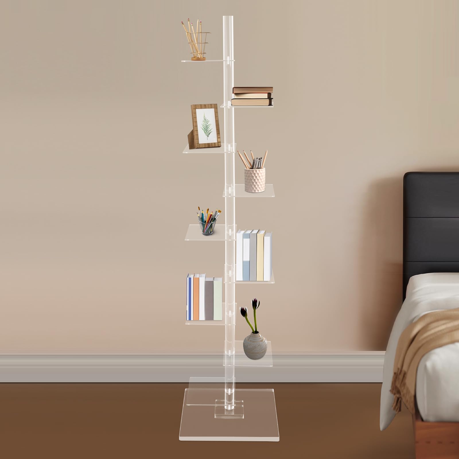 Estantería de pie de acrílico transparente, de 9 pisos, ajustable, vertical, transparente, estrecha, para sala de estar, dormitorio, oficina, hogares