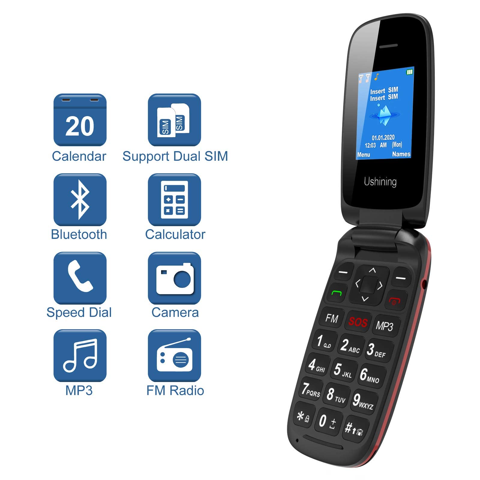 USHINING GSM Telefono Cellulare per Anziani, Telefono Cellulare a Conchiglia con Tasti Grandi Funzione SOS, Cellulare per Anziani Facile da Usare - Nero