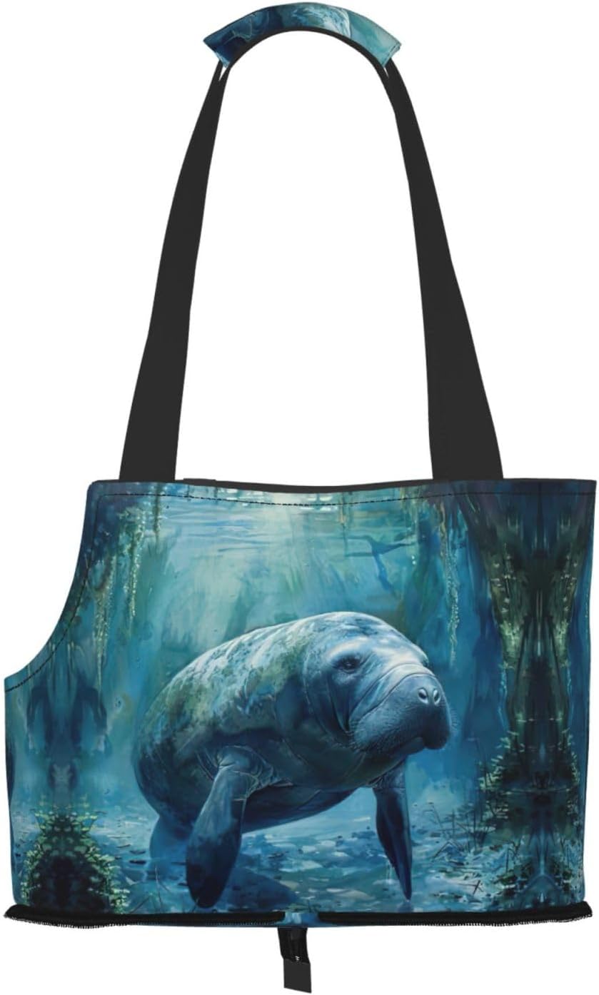 Manatee Animals Print Portable Foldable Shoulder Bag for Travel,with Collar Hook and Handle Pad,Cute Stylish Design