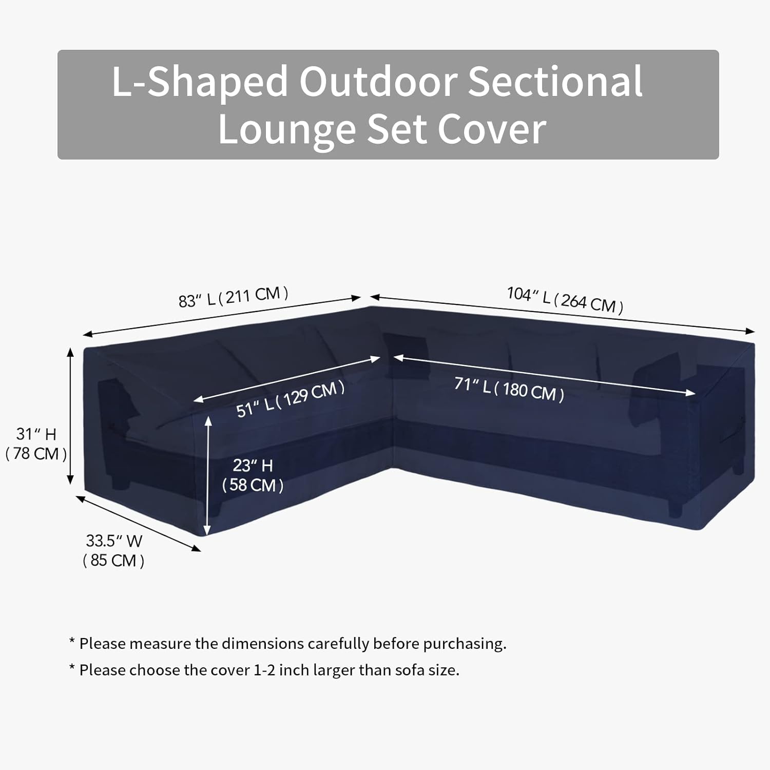 Easy-Going Patio L-Shaped Sectional Sofa Cover, 83“X104 Waterproof Outdoor Sectional Cover, Heavy Duty Garden Furniture Cover with Air Vent (Left Facing, Navy)