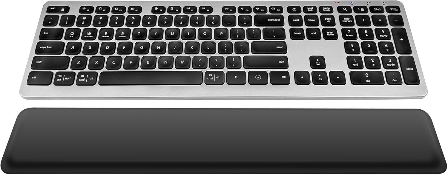Teclado inalámbrico, teclado Bluetooth con reposamanos de cuero, retroiluminación, emparejamiento multidispositivo, USB C recargable, para Windows,