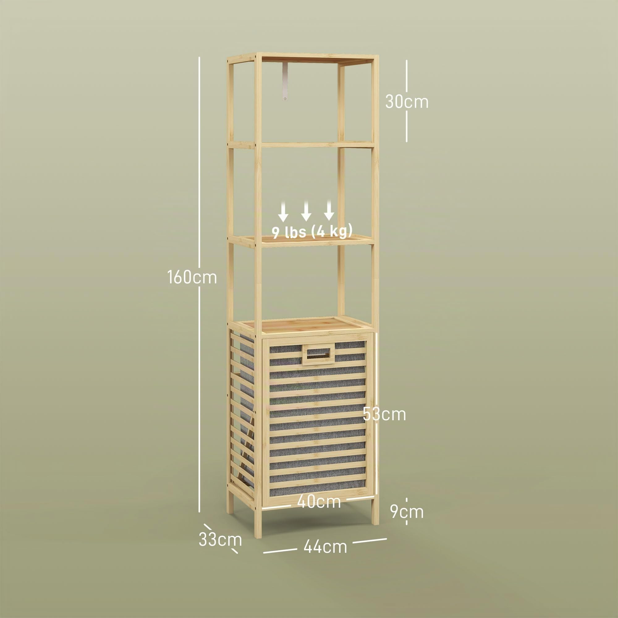 HOMCOM Estantería de Baño de Bambú Estantería de Almacenaje Mueble de Baño con 3 Estantes y 1 Cesto para Ropa Sucia Desmontable 44x33x160 cm Natural