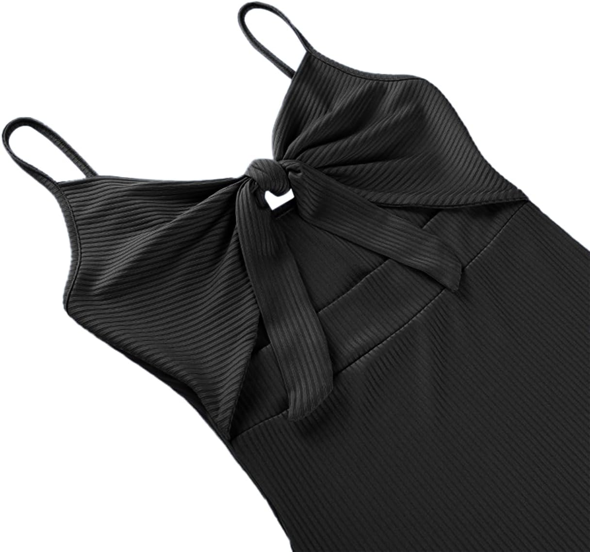 Rooscier Women's Tie Knot Cutout Spaghetti Straps Sleeveless Bodycon Sexy Knit Mini Dress Black Medium - Image 5