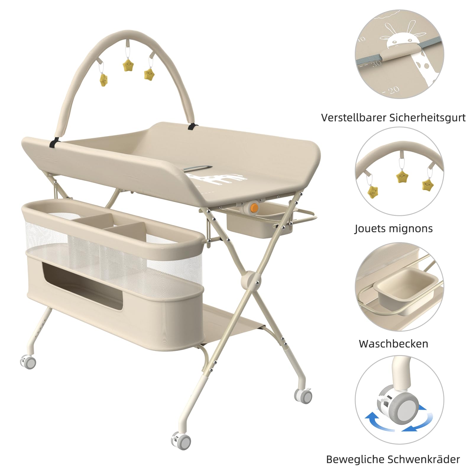 Table à Langer Bébé Pliante et Portable | Table à Langer Réglable en Hauteur avec Rangement, Roulettes et Ceinture de Sécurité-WX36306
