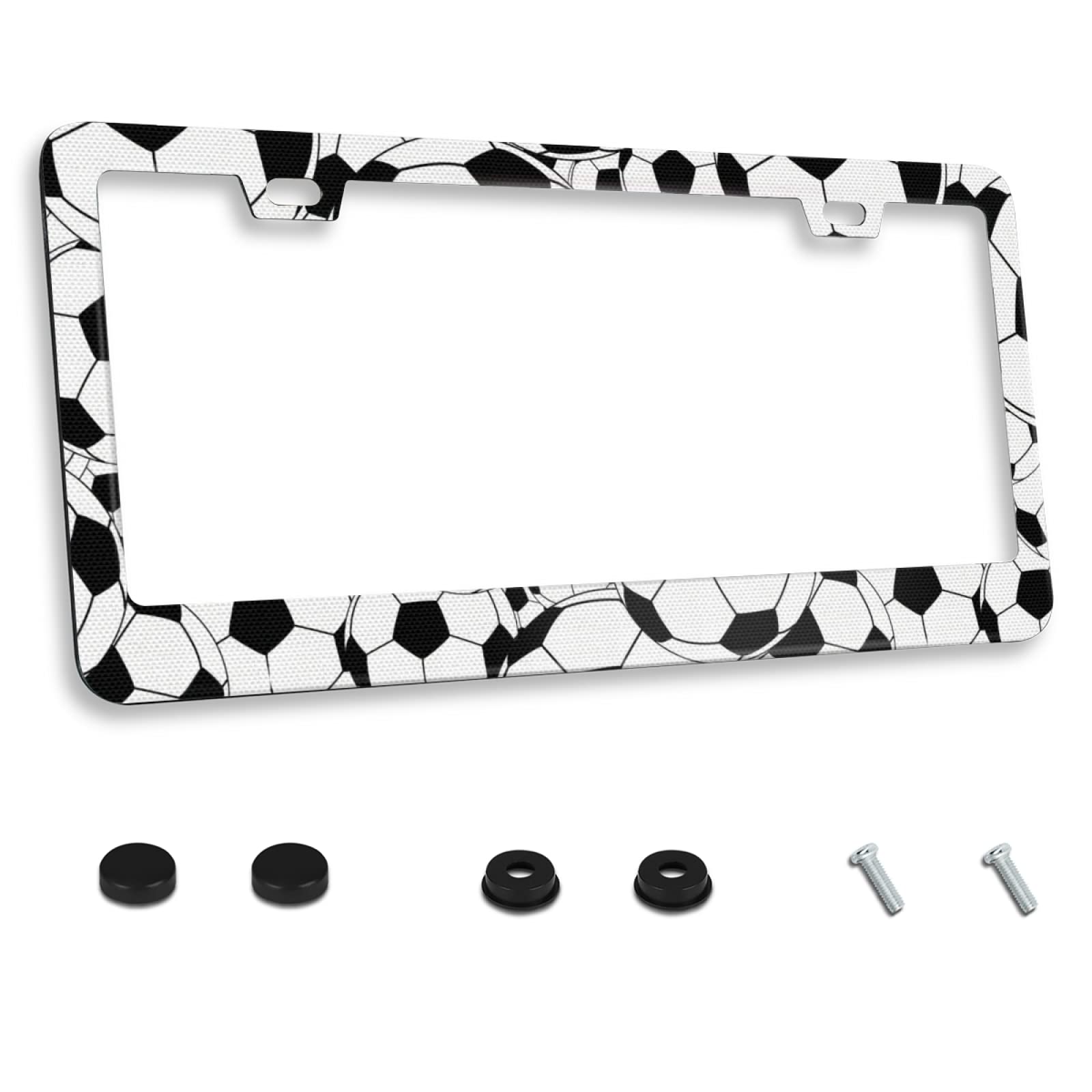 Personalized License Plate Frame Stainless Steel Soccer Ball Collage Pattern Car License Plate Accessory Decorative 2 Holes and Screws Fits US Standard License Plates Size: 12.2 x 6.3 in