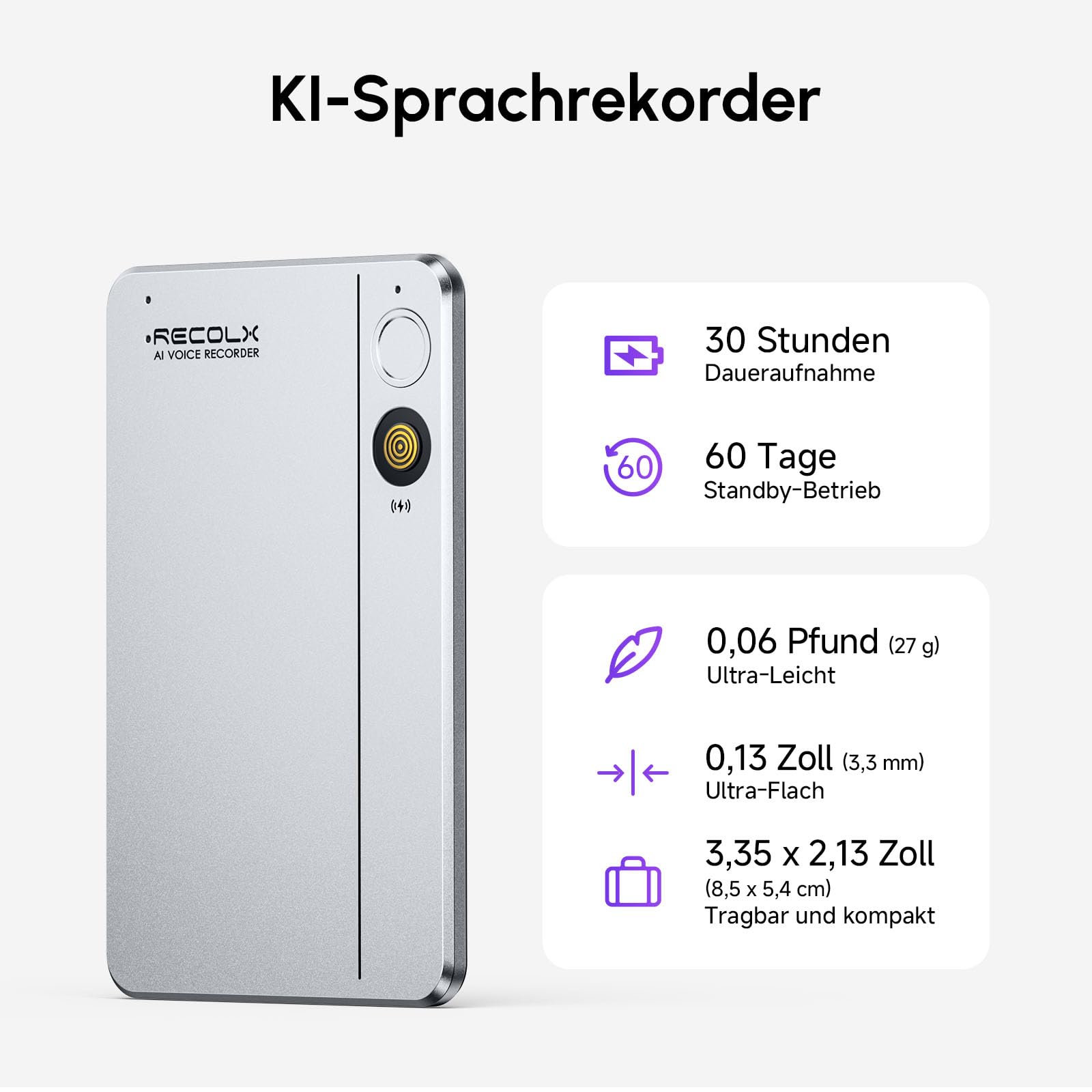 KI Diktiergerät mit Hülle – 64 GB, anskription & Zusammenfassung mit 71 Vorlagen, KI-Analyse, 112 Sprachen, für Meetings & Vorträge
