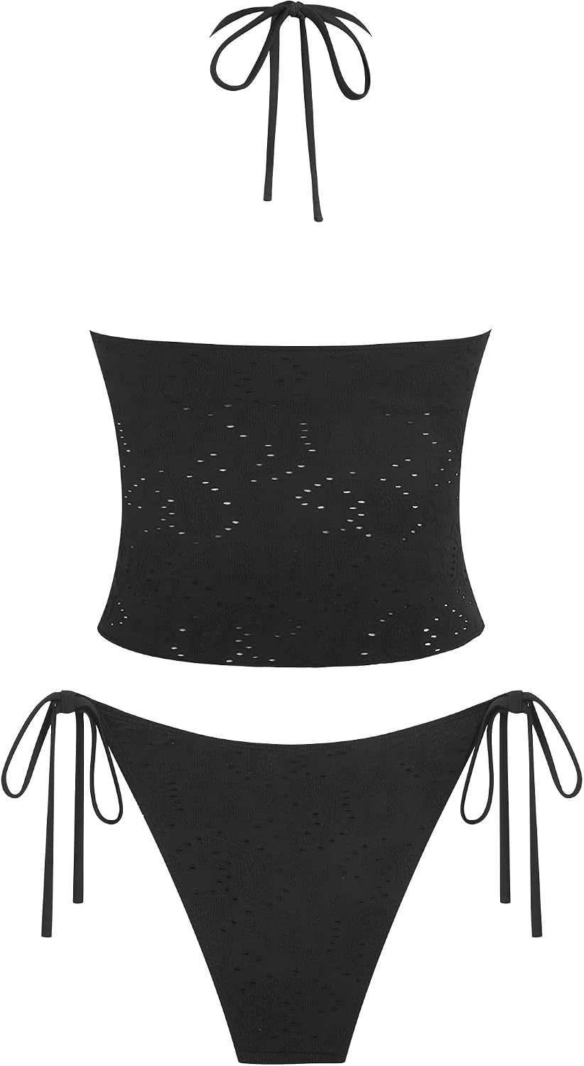 ZAFUL Tankini Swimsuits for Women Smocked Ruffles Tie Front Bowknot Textured High Cut Tanga Tankini Set